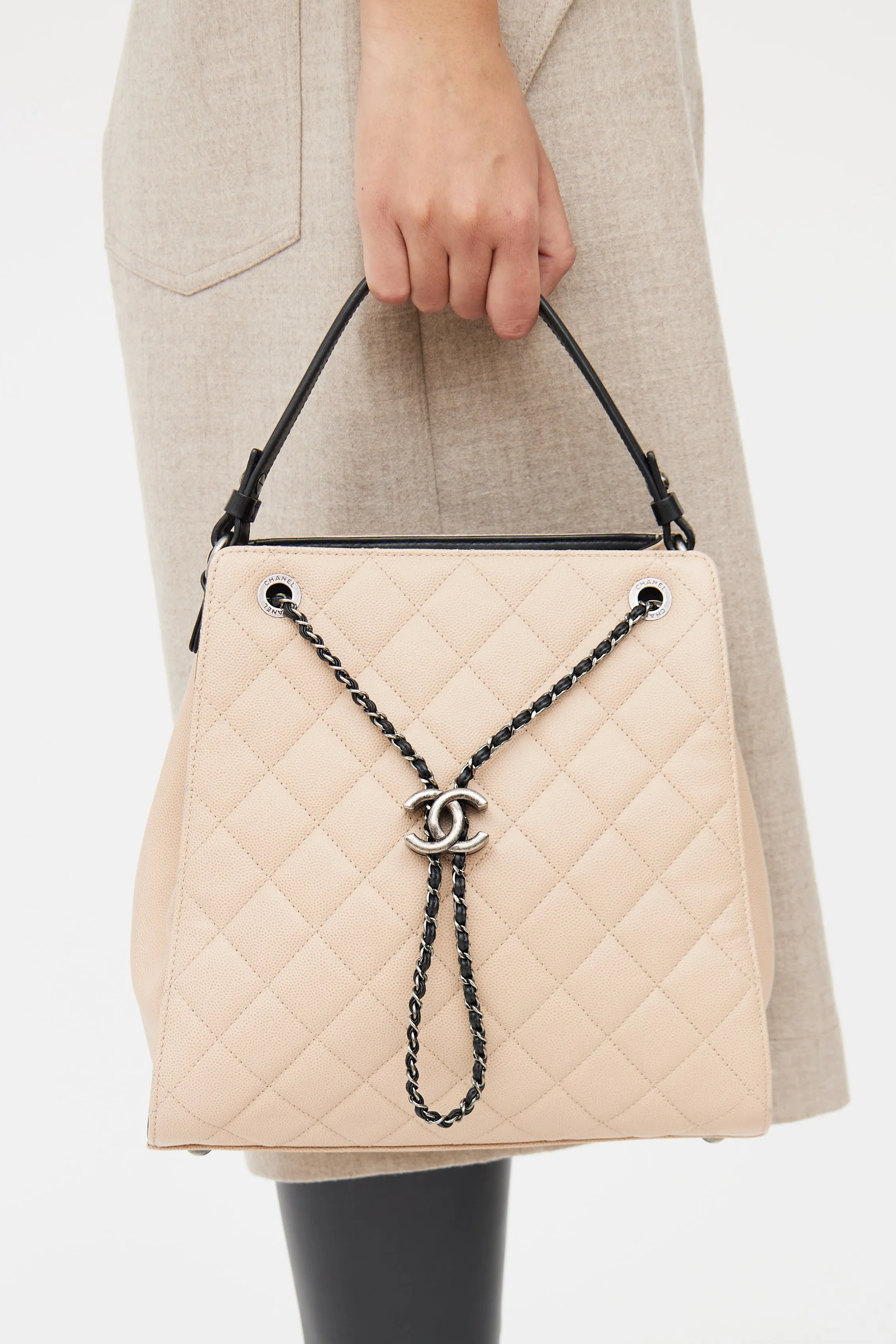 Beige & Black Caviar Quilted Bucket Bag