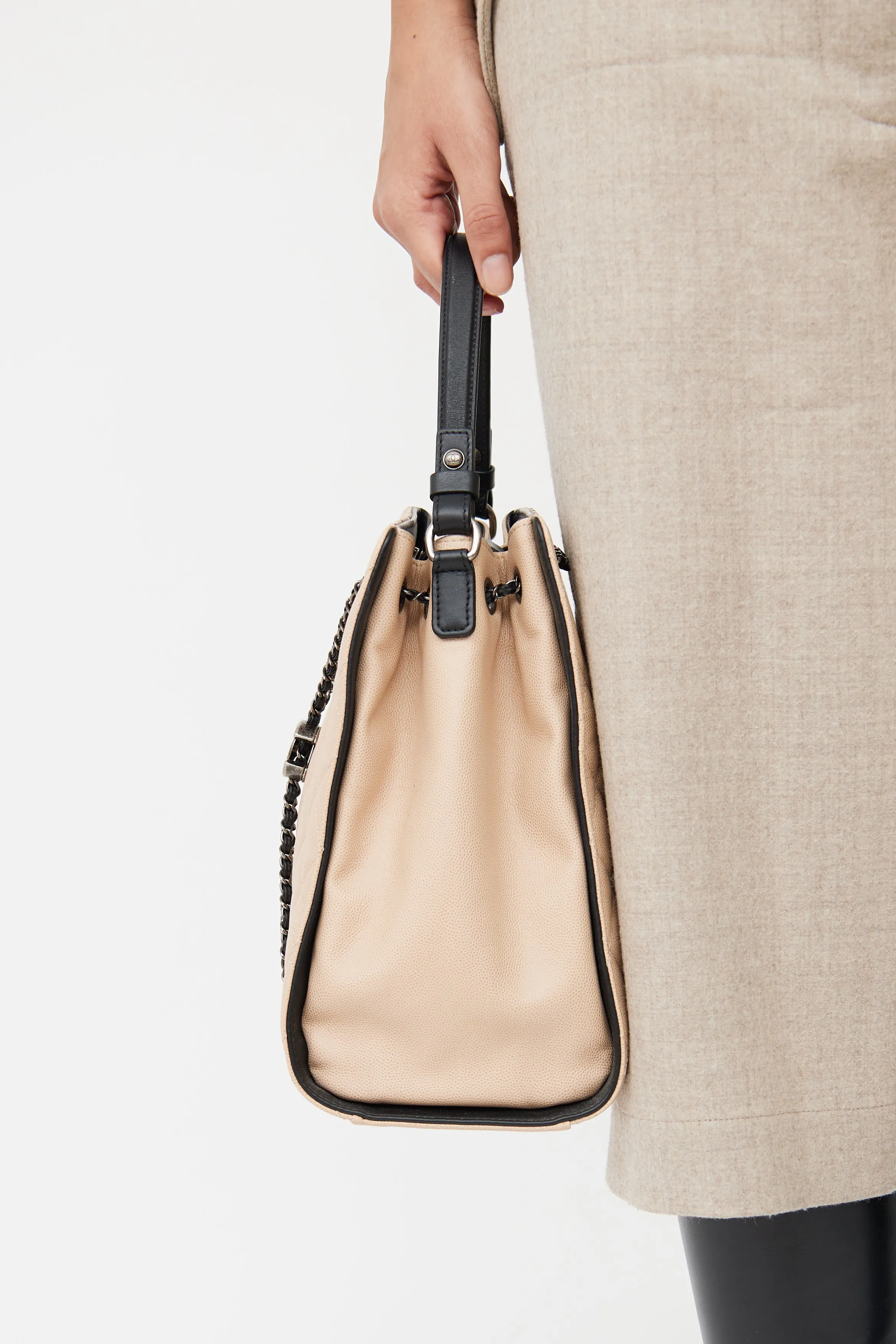 Beige & Black Caviar Quilted Bucket Bag