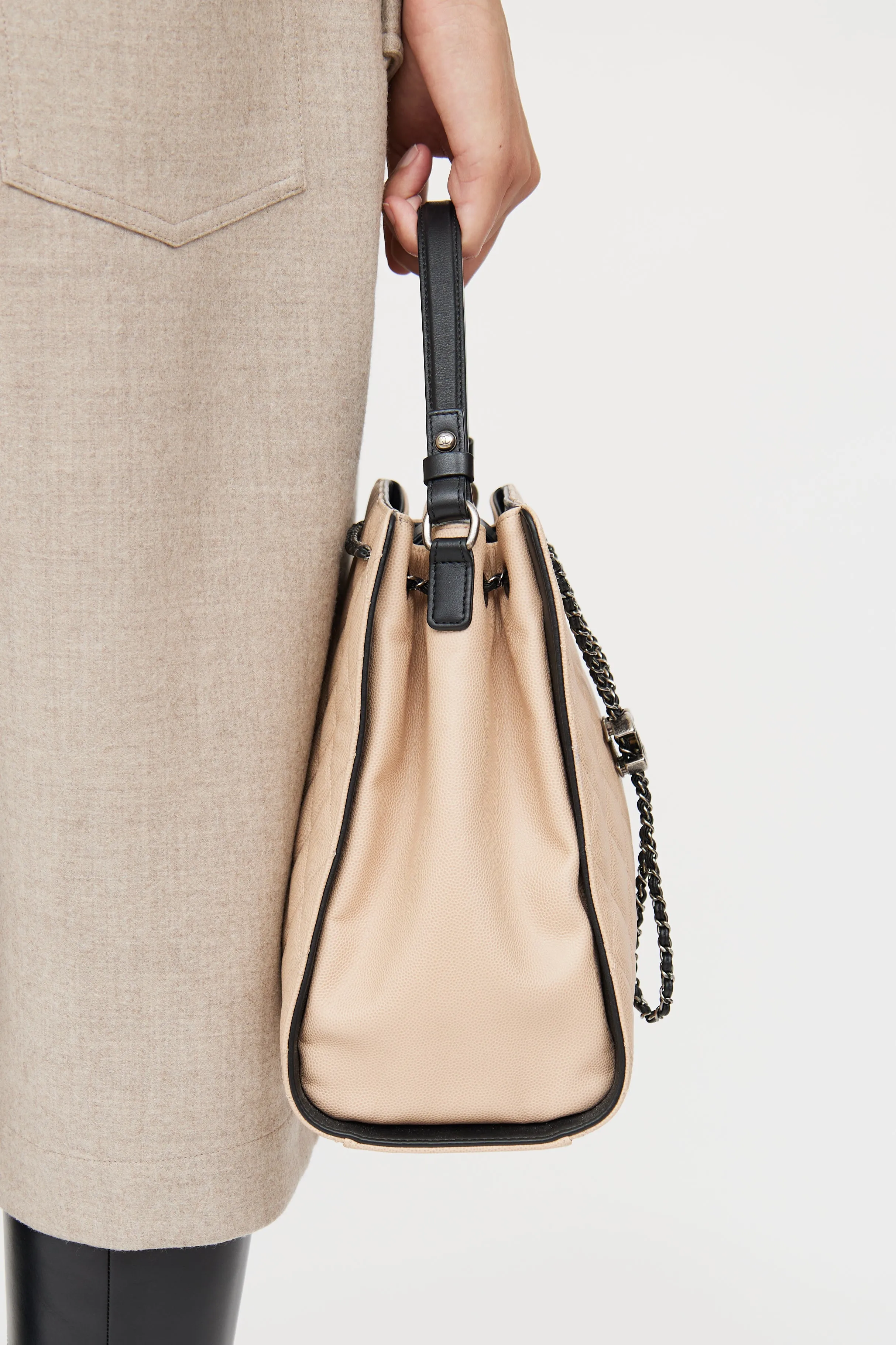 Beige & Black Caviar Quilted Bucket Bag