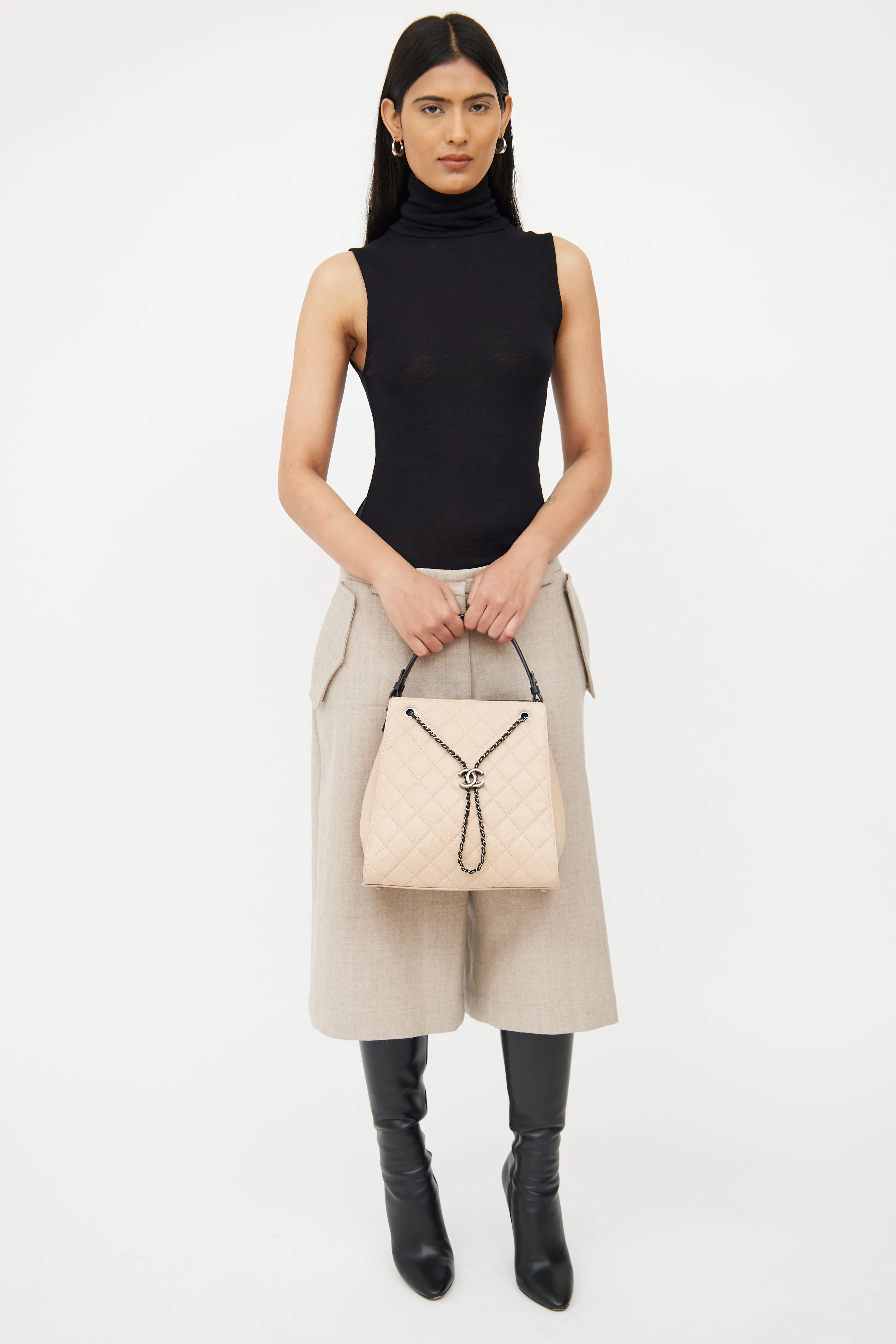 Beige & Black Caviar Quilted Bucket Bag