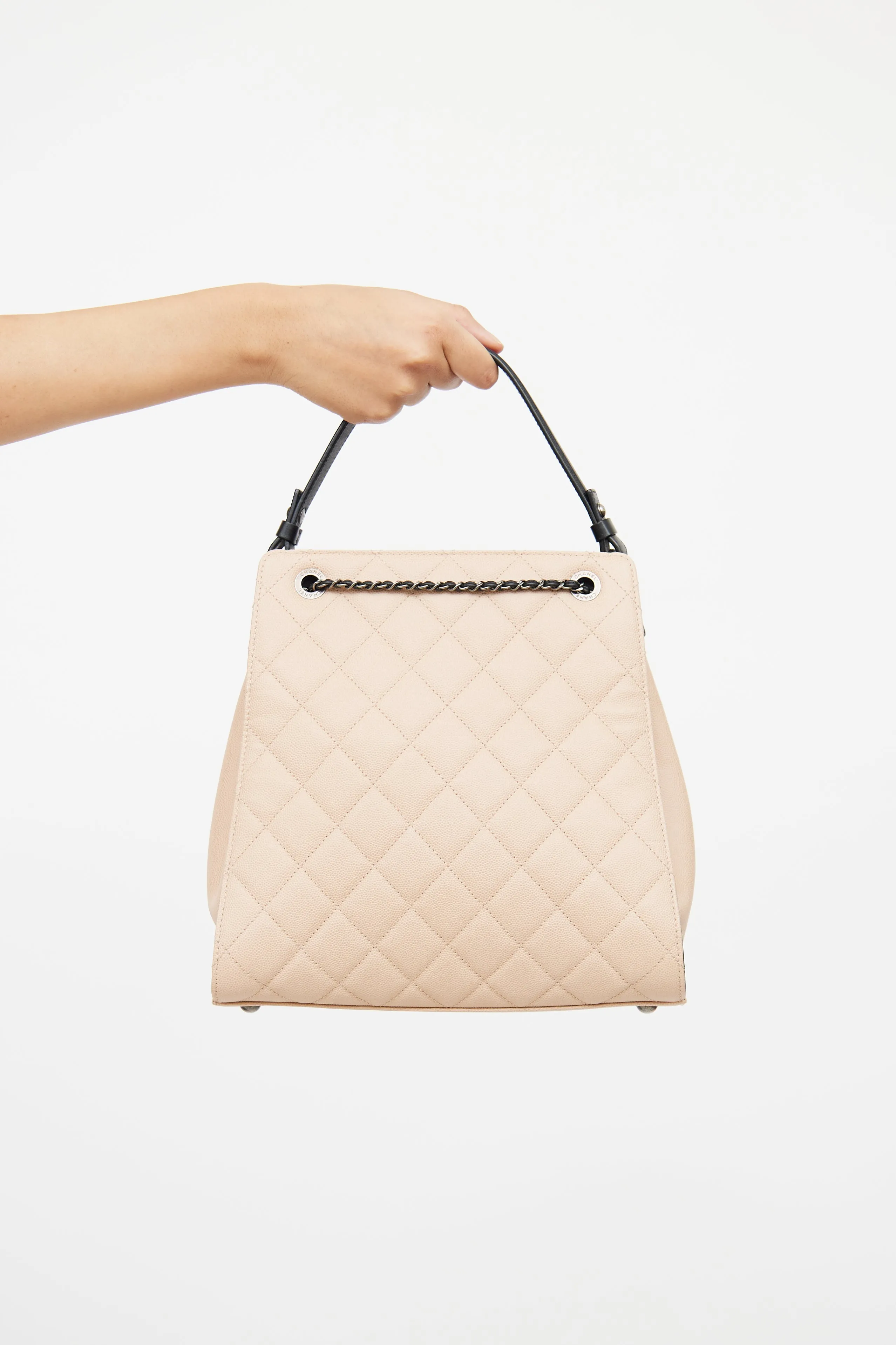 Beige & Black Caviar Quilted Bucket Bag