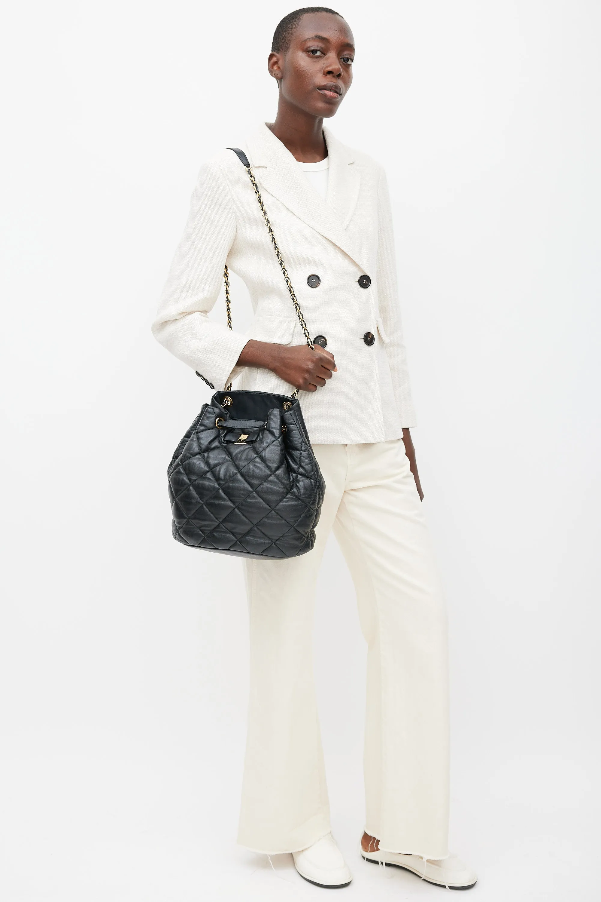 Black Leather Quilted Genny Bucket Bag