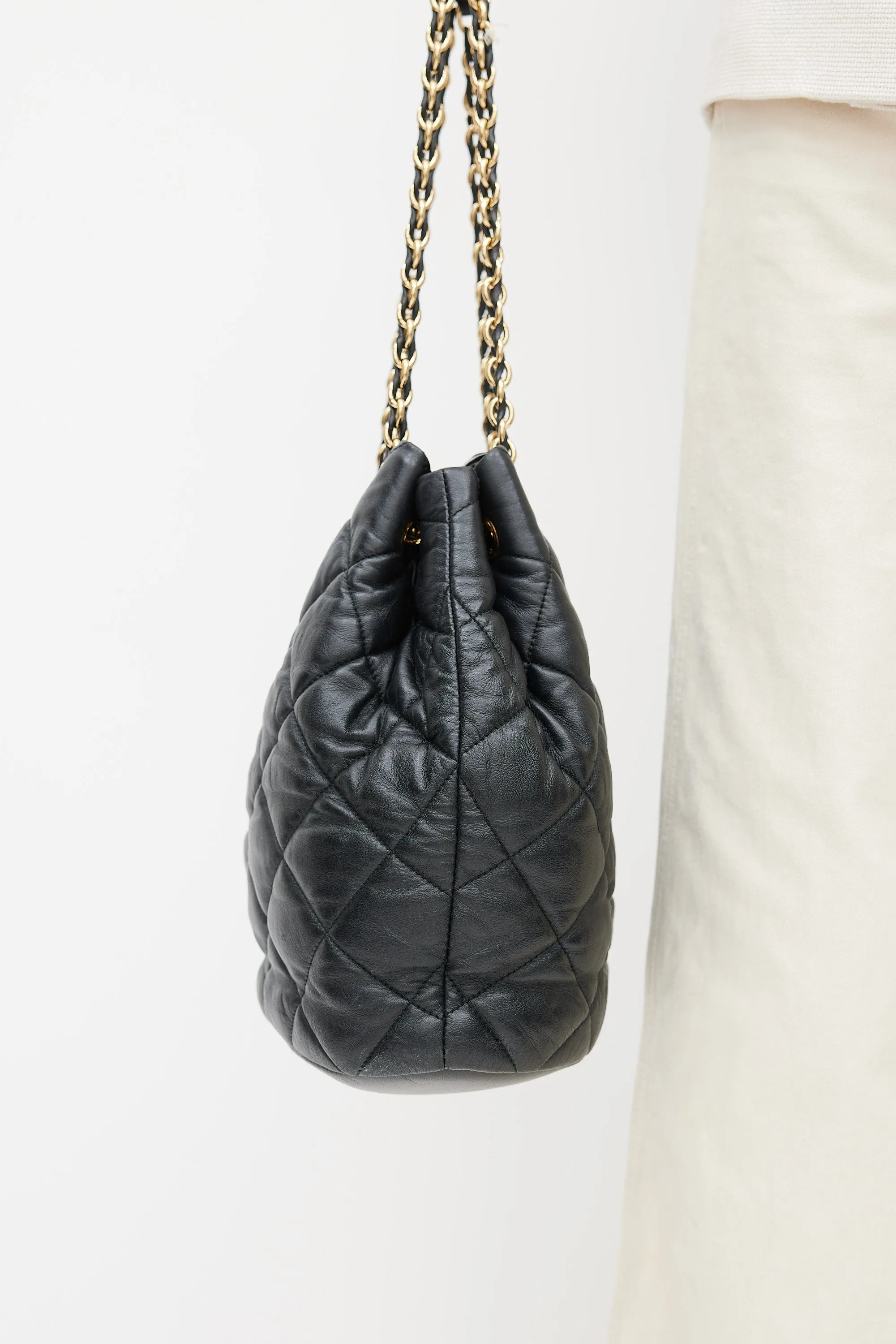 Black Leather Quilted Genny Bucket Bag