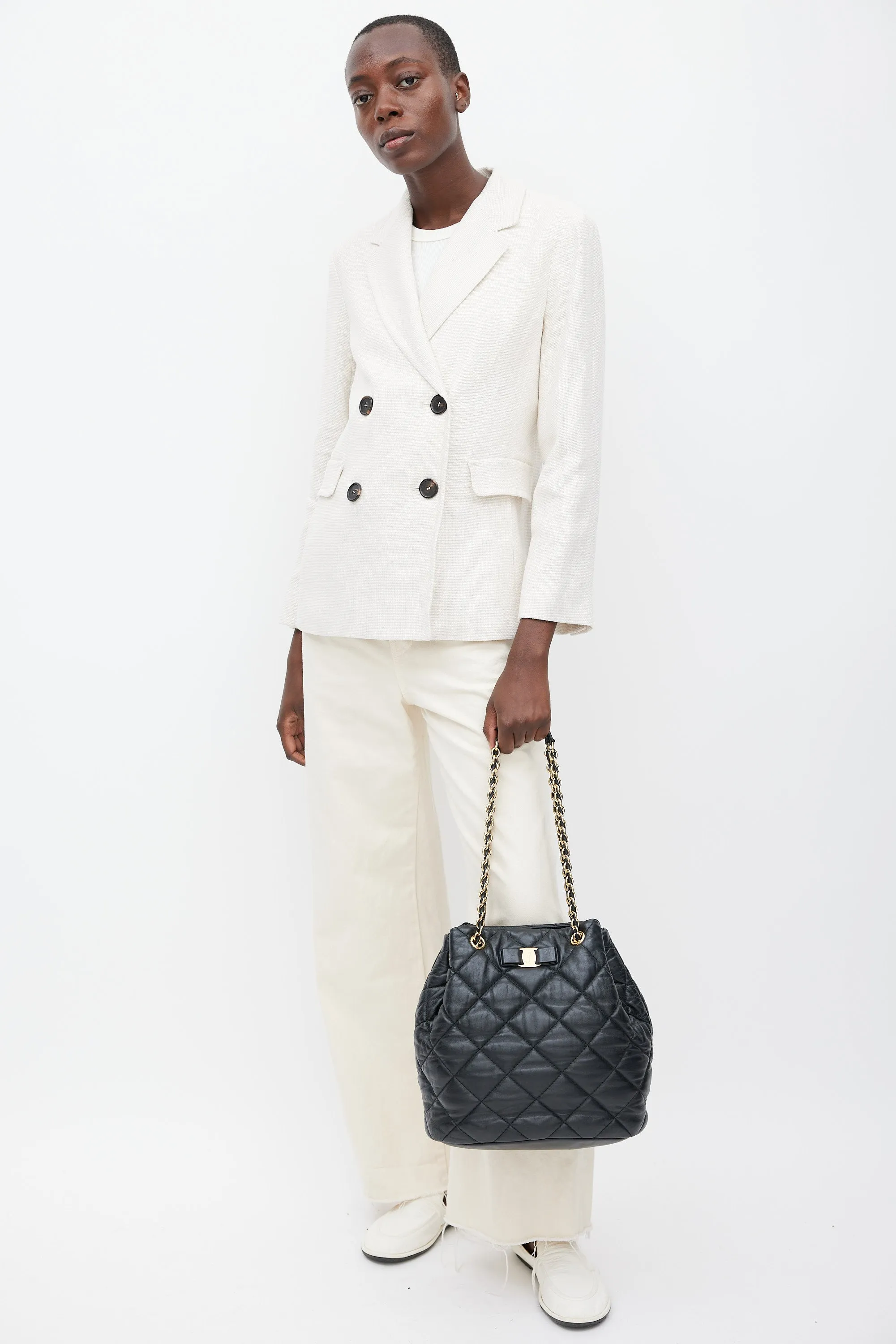 Black Leather Quilted Genny Bucket Bag