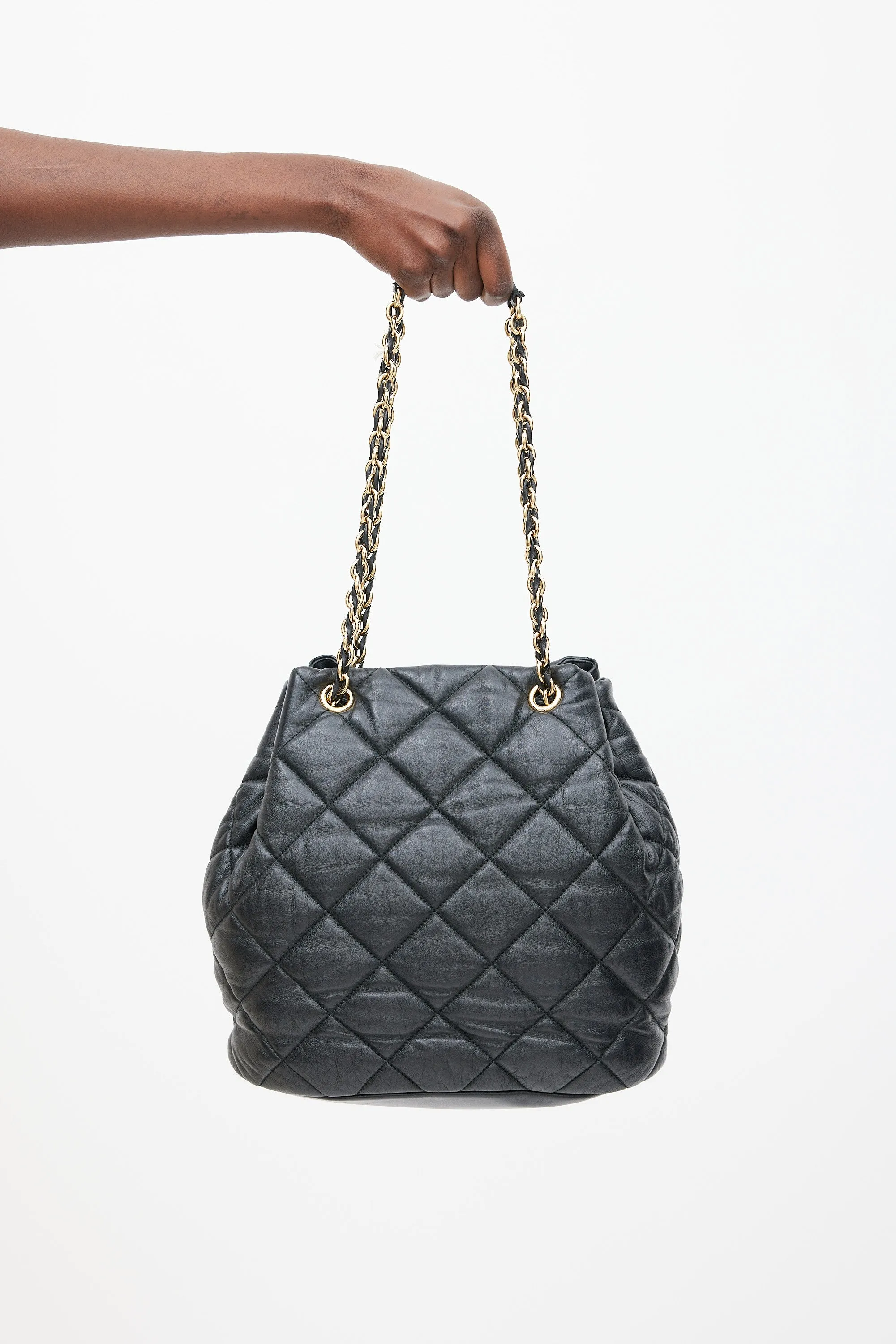 Black Leather Quilted Genny Bucket Bag