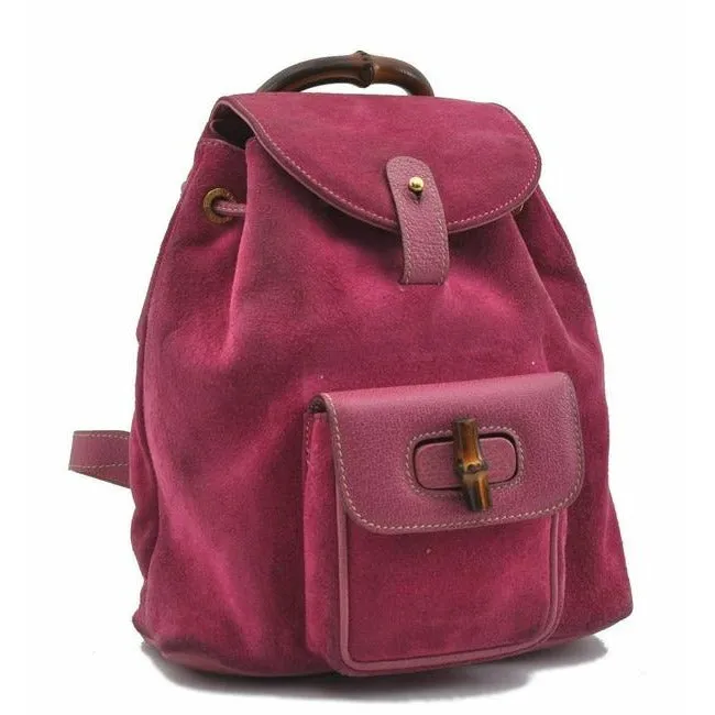 Gucci Suede Leather With Handle Fuchsia Gold Bamboo Suede And Leather Backpack