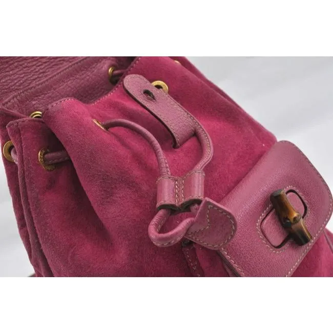 Gucci Suede Leather With Handle Fuchsia Gold Bamboo Suede And Leather Backpack