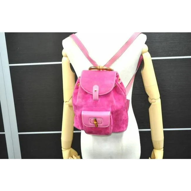 Gucci Suede Leather With Handle Fuchsia Gold Bamboo Suede And Leather Backpack