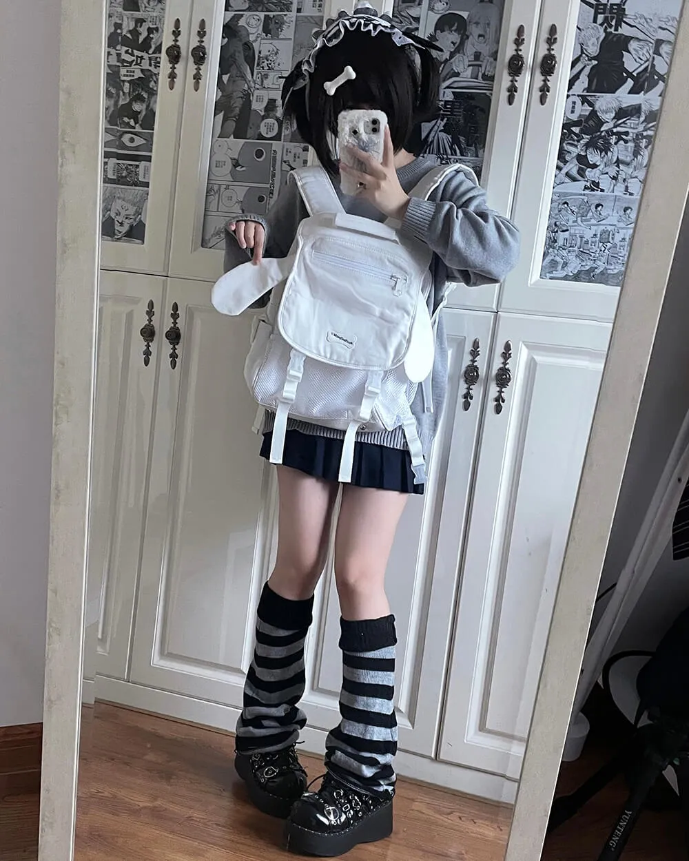 Puppy Ears White Denim School Backpack